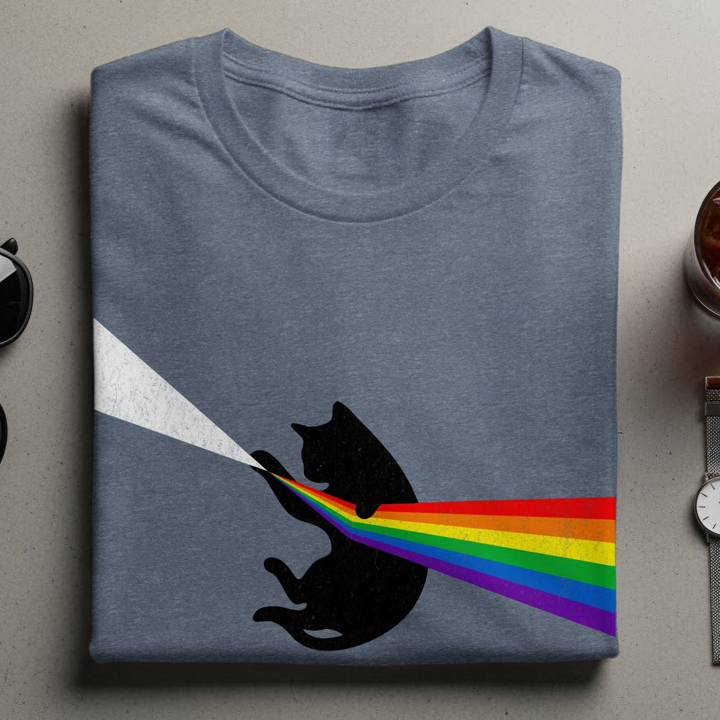 Cat with Rainbow Beam Graphic Cool T-Shirt
