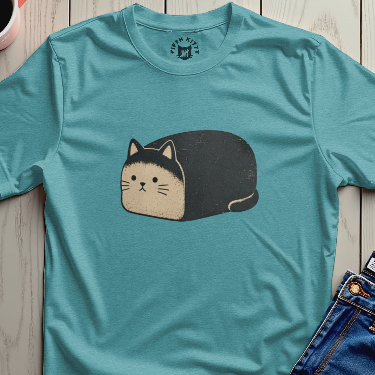 Teal t-shirt with a graphic of a loaf-shaped black and tan cat and "Fifth Kitty" logo.