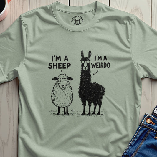 Sheep and llama illustrations with text "I'M A SHEEP" and "I'M A WEIRDO".