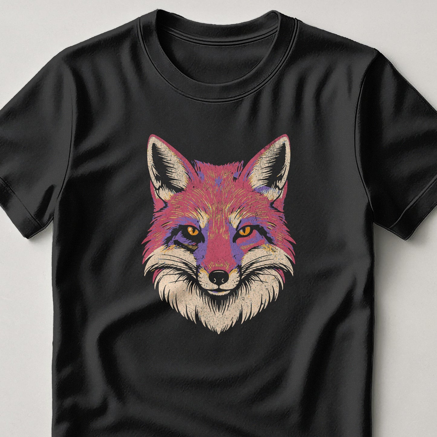 Vibrant Colorful Fox Face Design on Black T Shirt product type