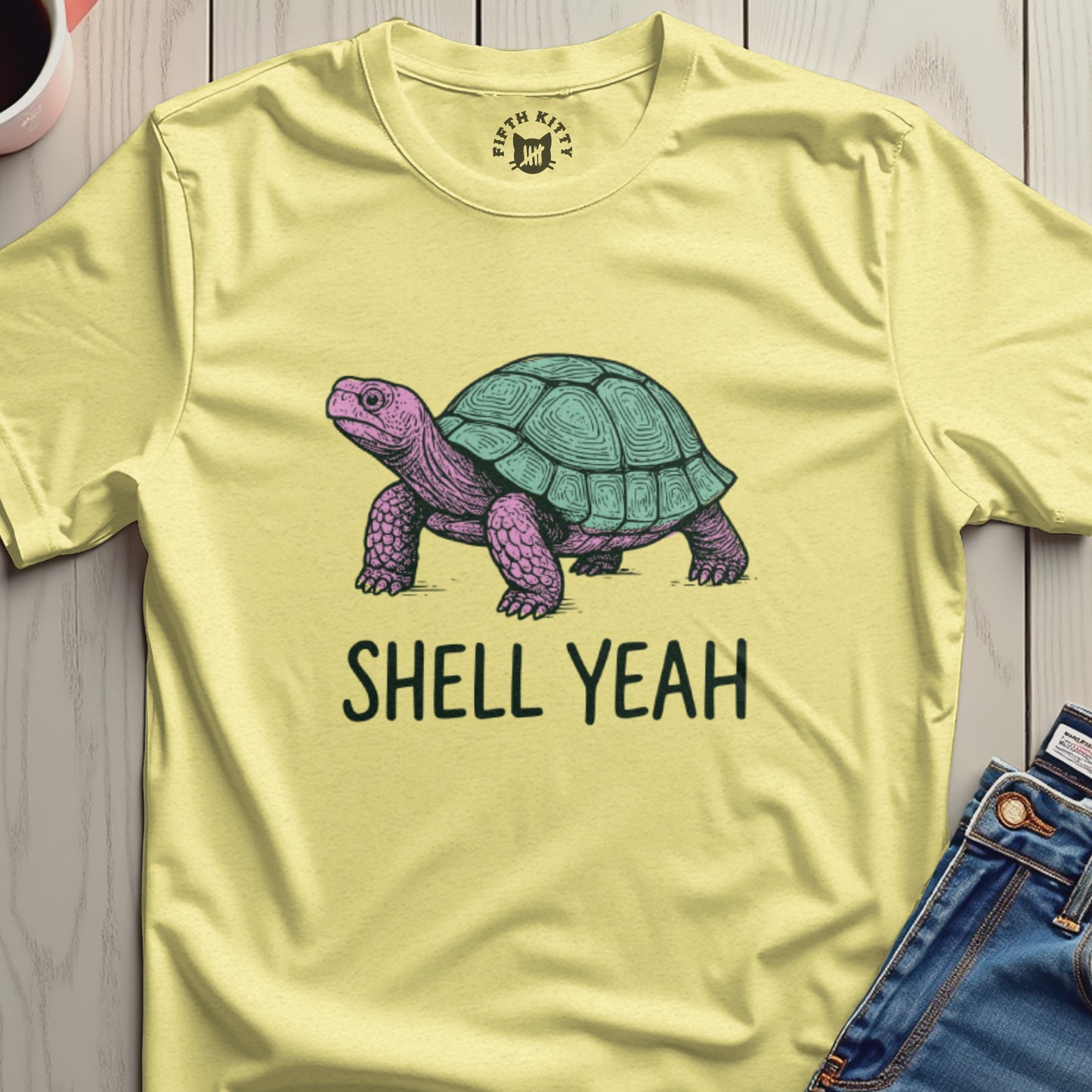 Shell Yeah T-Shirt with Purple Green Turtle Design