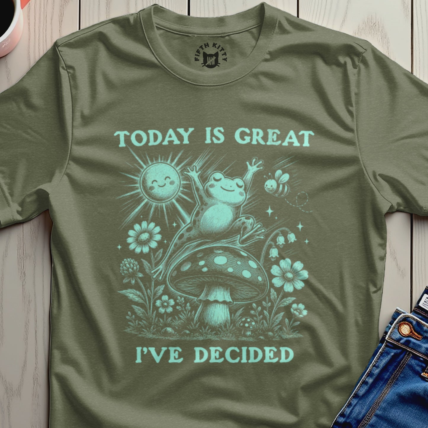 Frog jumping on mushroom with "Today is great I've decided" text.