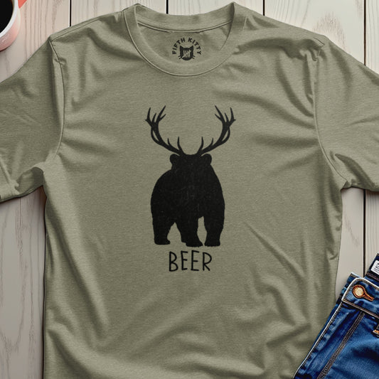 Antlered Bear BEER Graphic Khaki Olive Green T-shirt product type