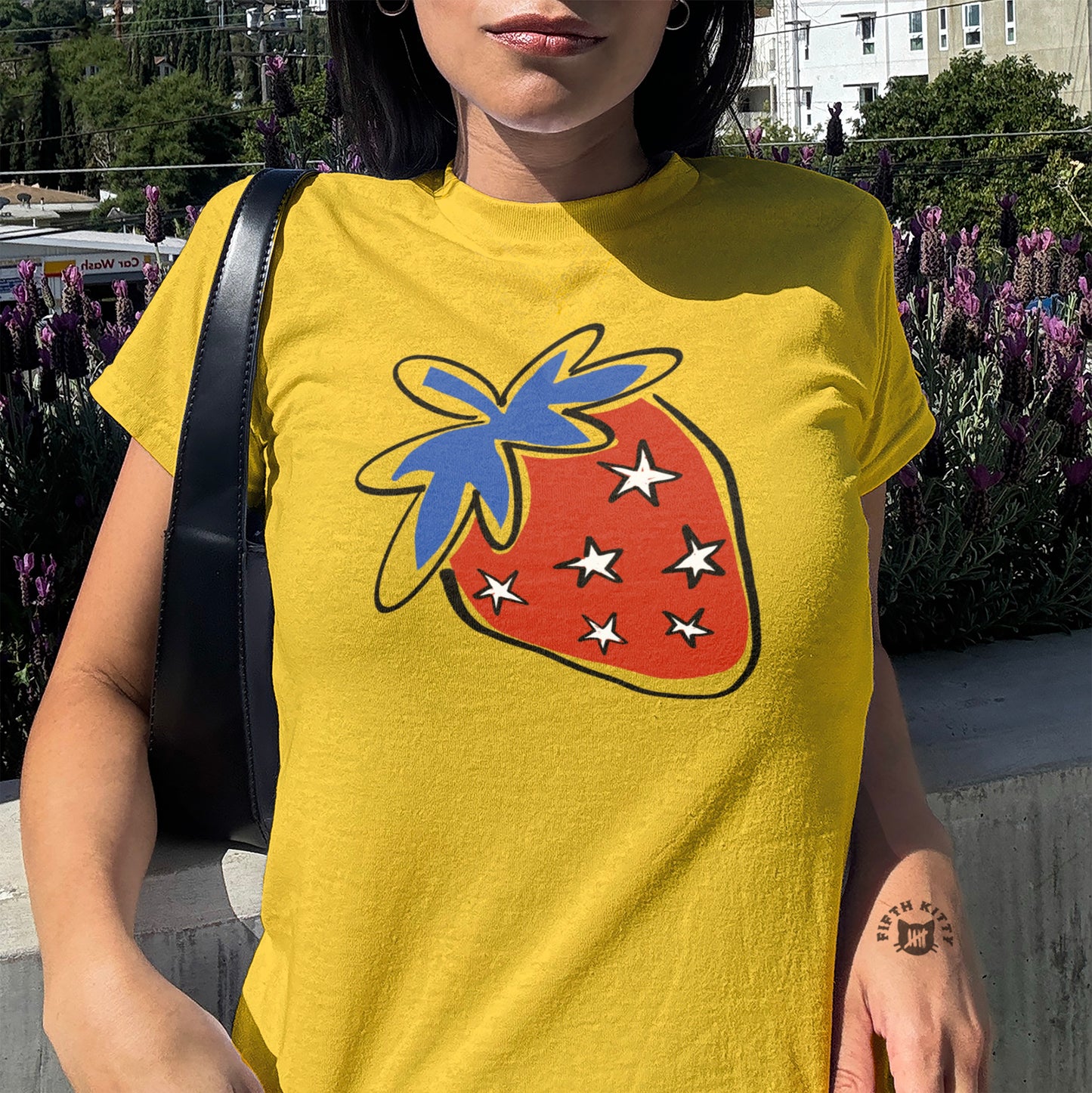 Bright Yellow Strawberry Design Graphic T Shirt product