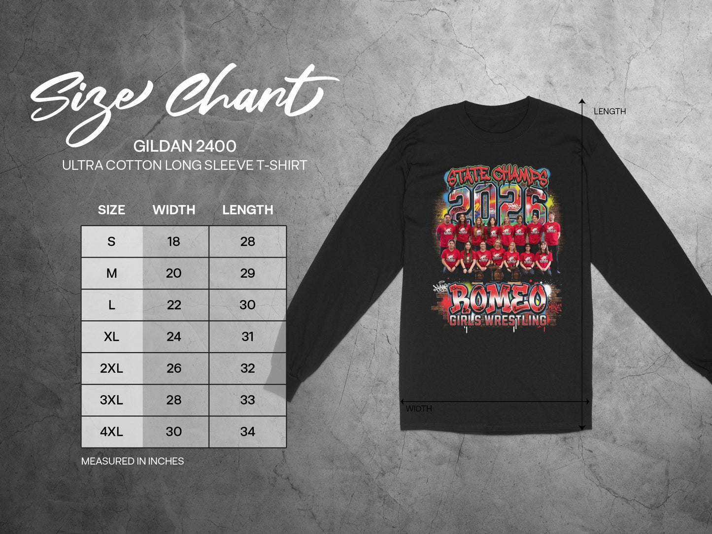 Gildan 2400 size chart for long sleeve t-shirts with measurements.