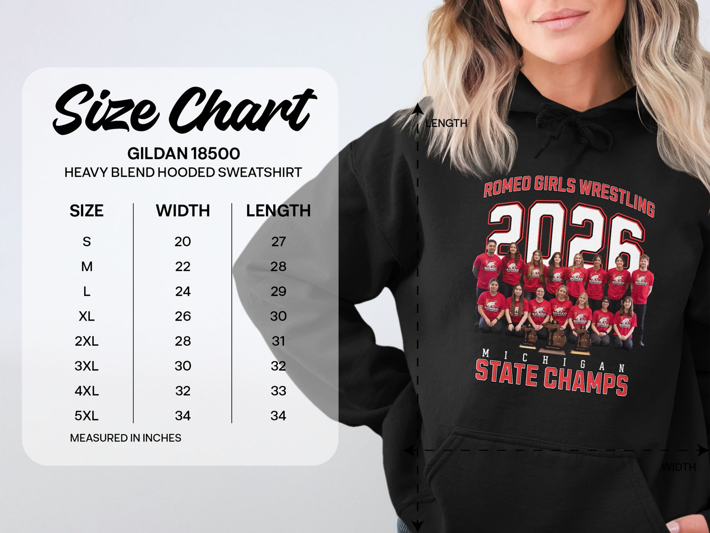 Size chart for a Gildan 18500 hooded sweatshirt with measurements.
