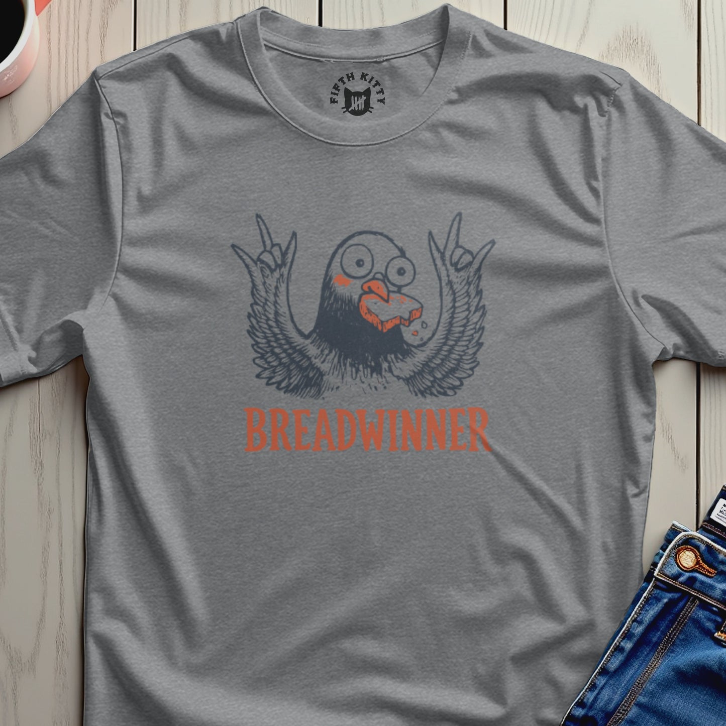 Gray t-shirt with a pigeon holding bread and "BREADWINNER" text.