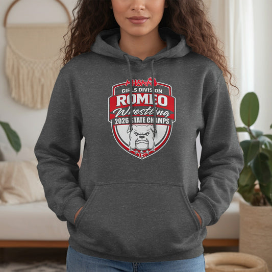 Dark gray hoodie with "Romeo Wrestling 2026 State Champs" logo.