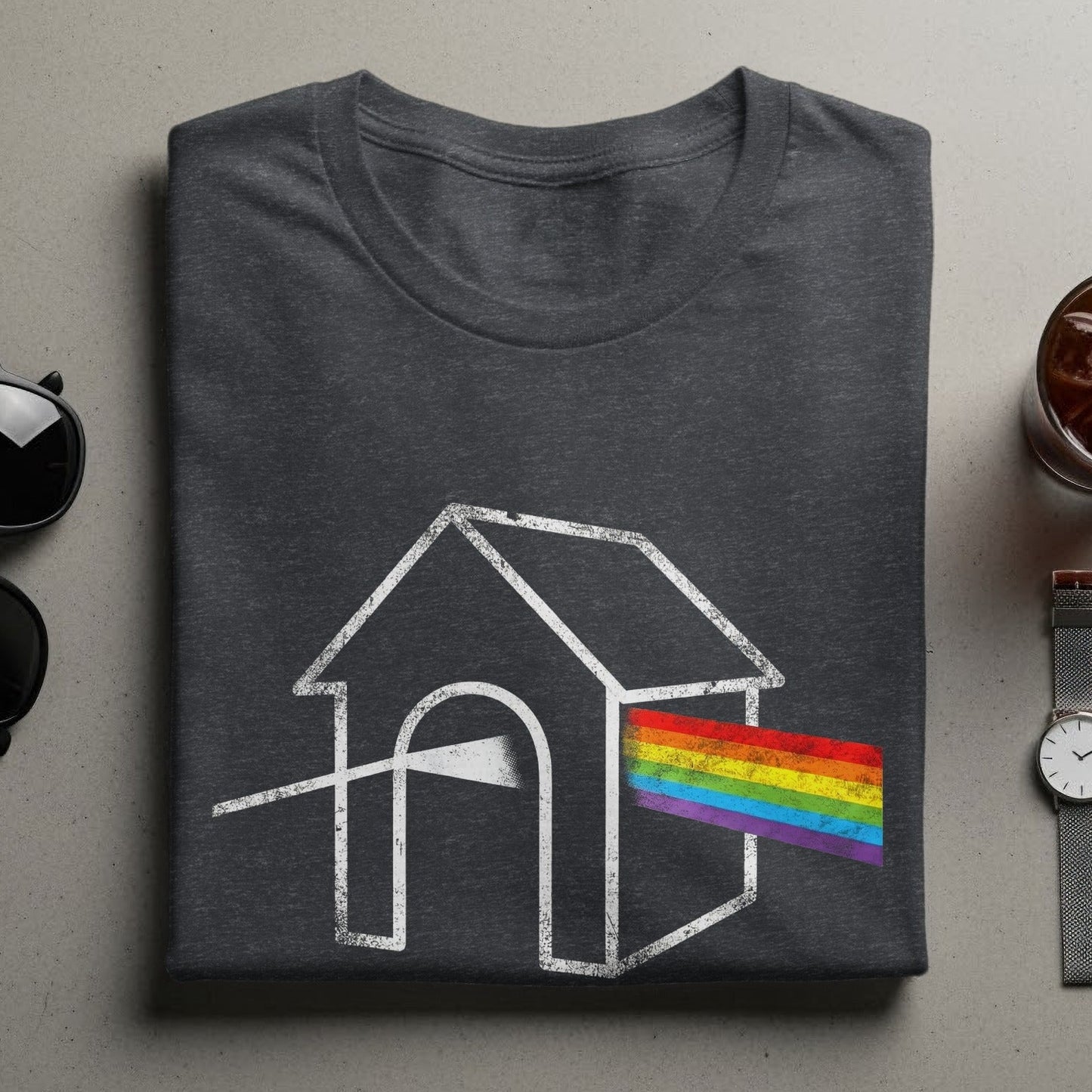 Dark Grey T-Shirt with Rainbow House Graphic Design