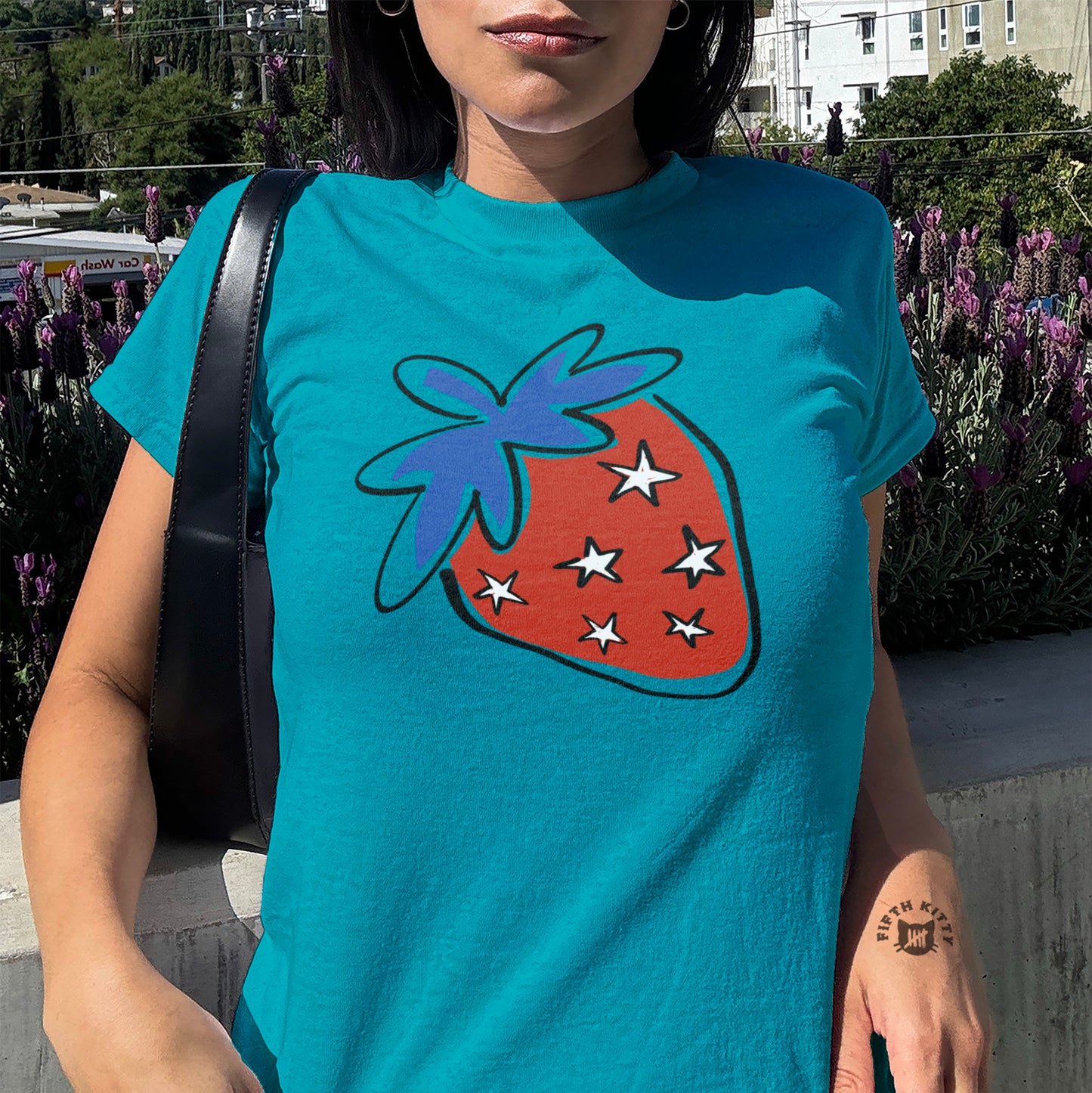 Bright Teal Shirt with Starry Strawberry Design product type
