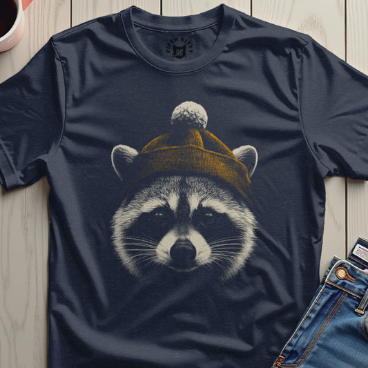 Cute Raccoon in Hat Graphic Navy Blue T-Shirt