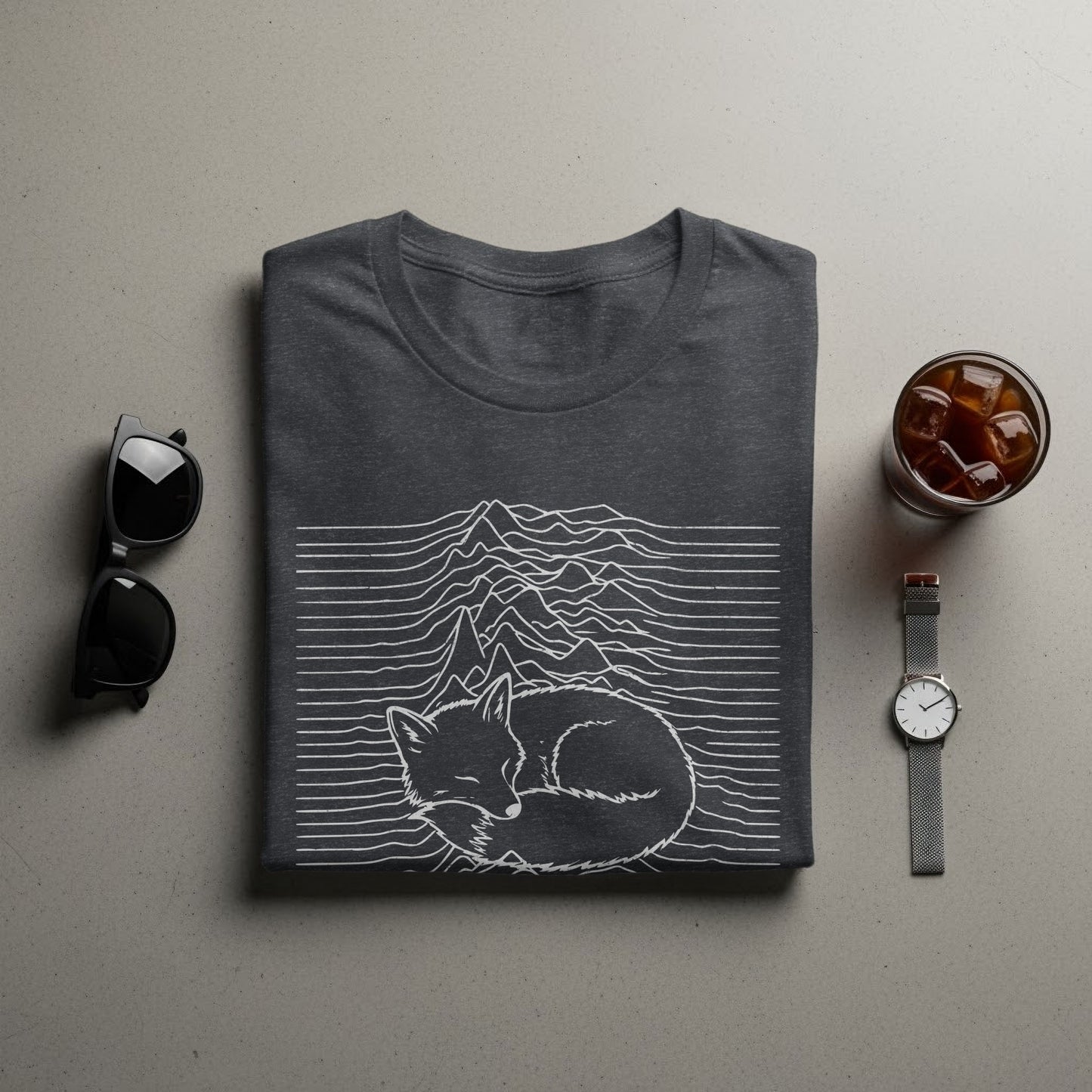 Fox and Mountain Lines Artistic Design T-Shirt