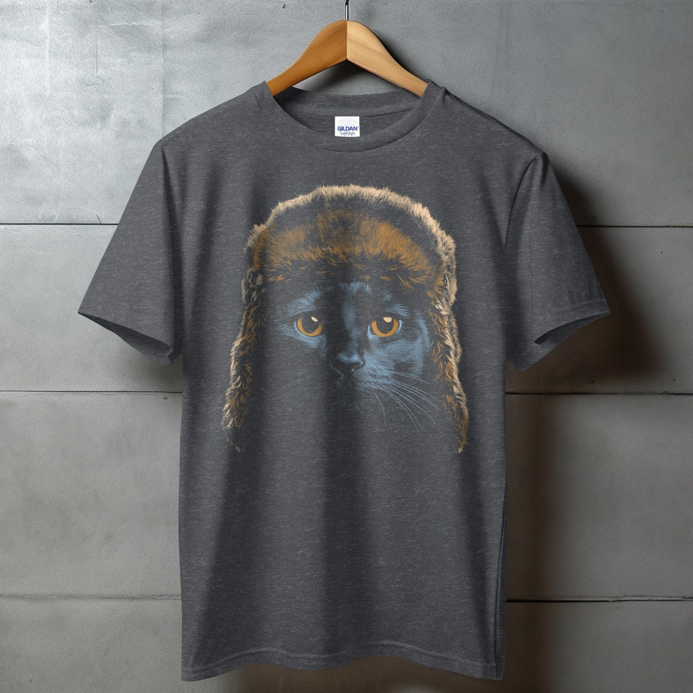 Unique Cat Face with Fur Hat Graphic on T-Shirt