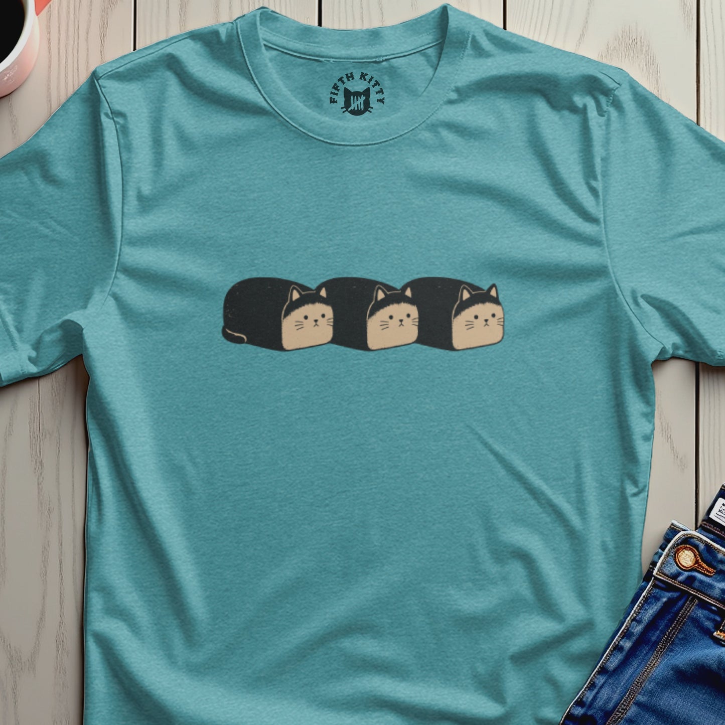 Teal t-shirt with an illustration of three loaf cats and "FIFTH KITTY" logo.