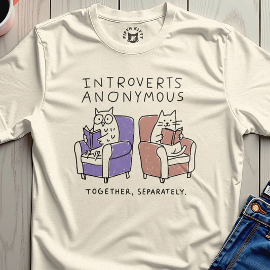 Shirt with text "INTROVERTS ANONYMOUS" and cartoon owl and cat reading.