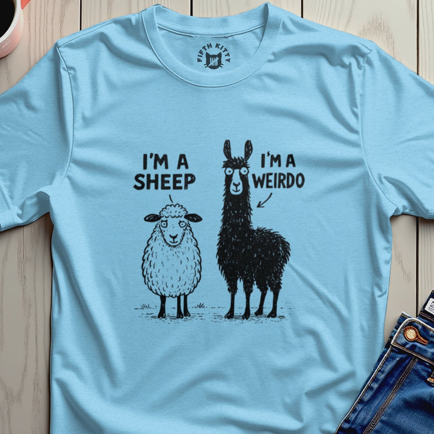 Sheep on left, llama on right wearing glasses, both with text.