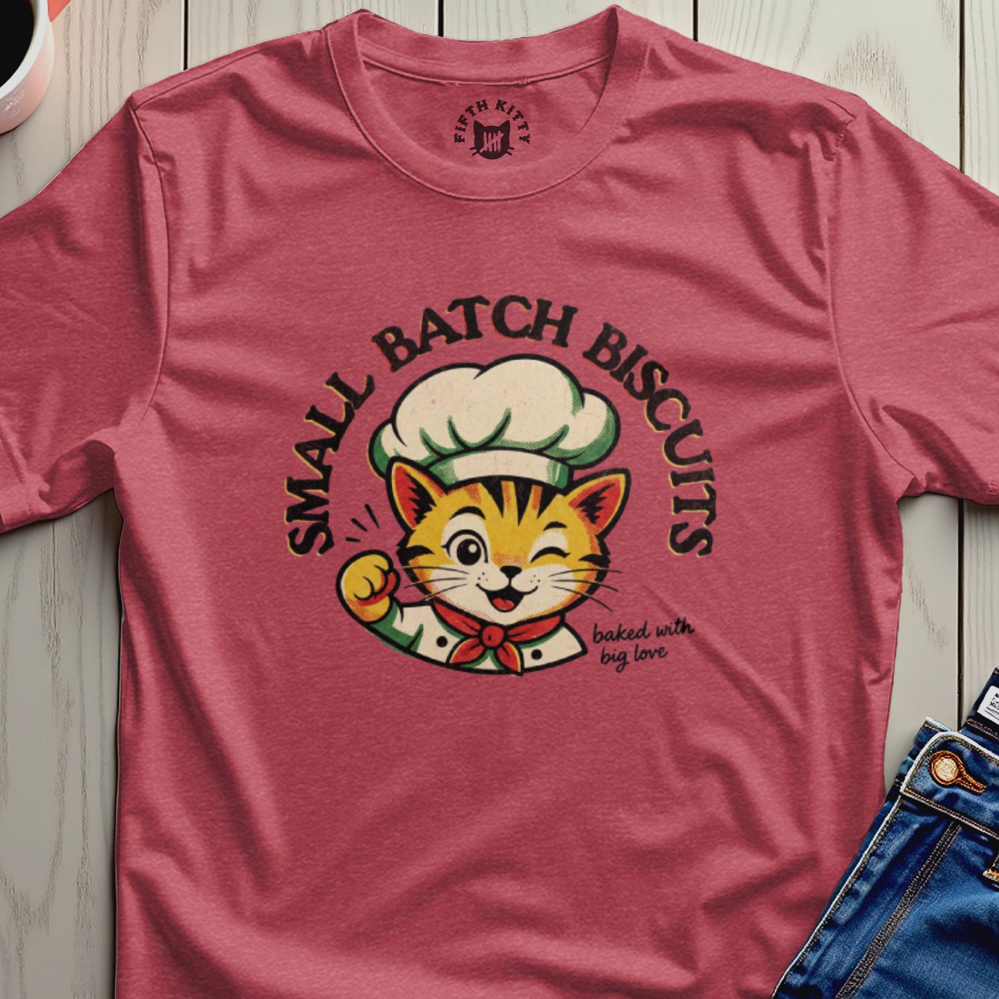 T-shirt with a winking chef cat graphic and "Small Batch Biscuits" text.