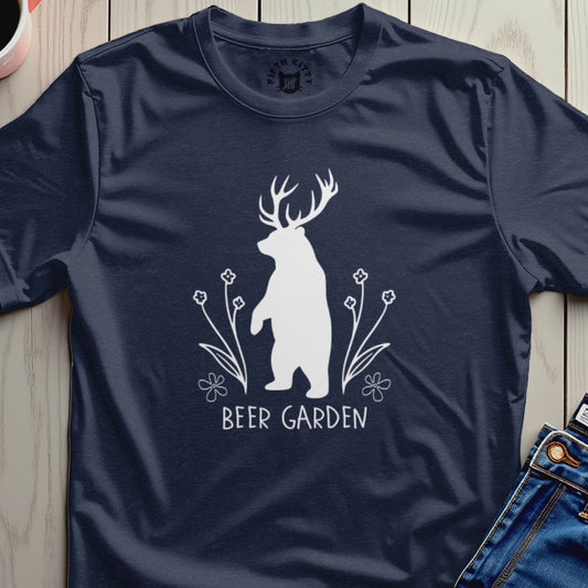 White bear with antlers and flowers, text reads "BEER GARDEN".