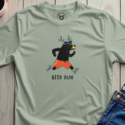 Black bear with antlers wearing athletic shorts and running with text "BEER RUN".