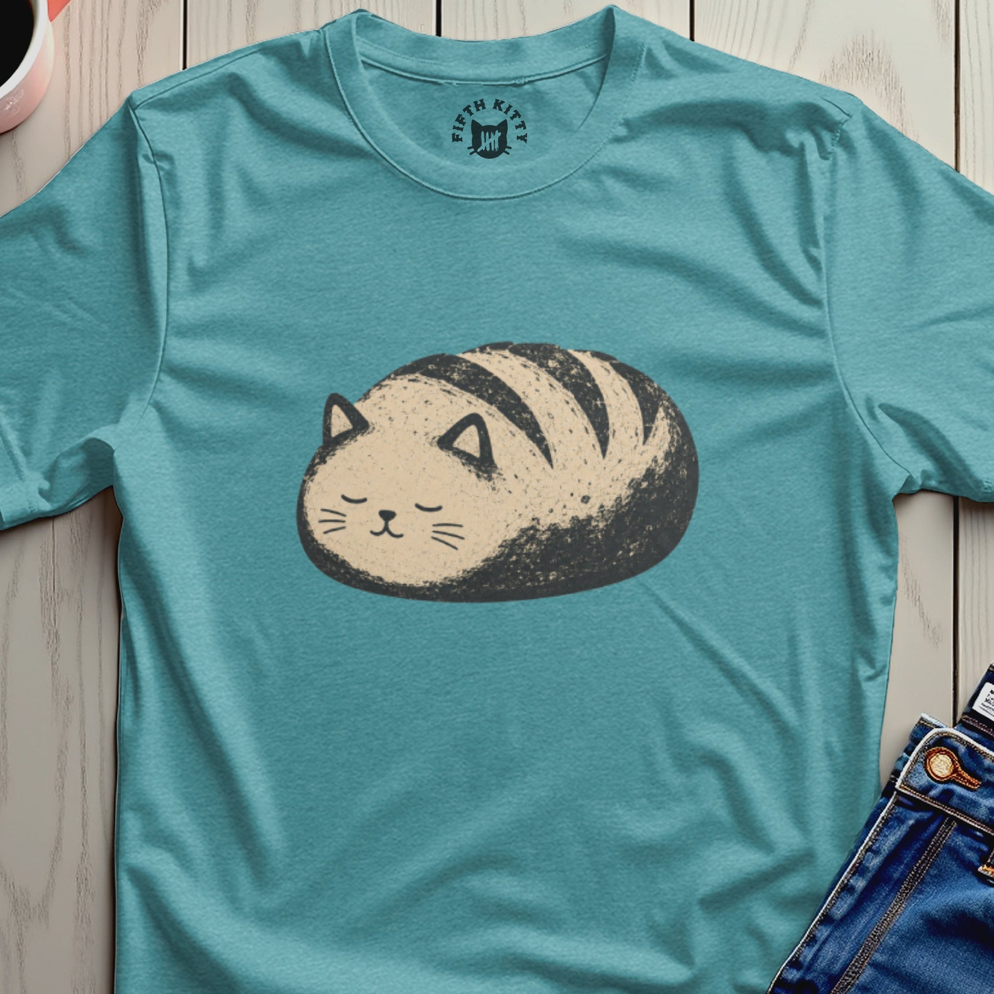 Teal t-shirt with a cartoon cat shaped like a loaf of bread and a circular logo.