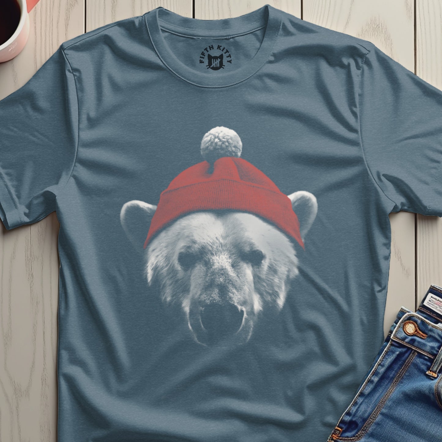 Polar Bear Graphic T-Shirt with Red Hat Design