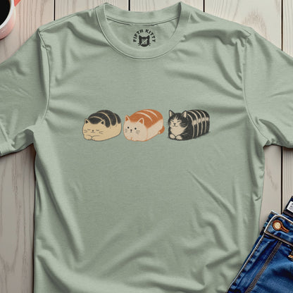 Light green t-shirt with three cute stylized loaf cats and a "Fifth Kitty" logo.