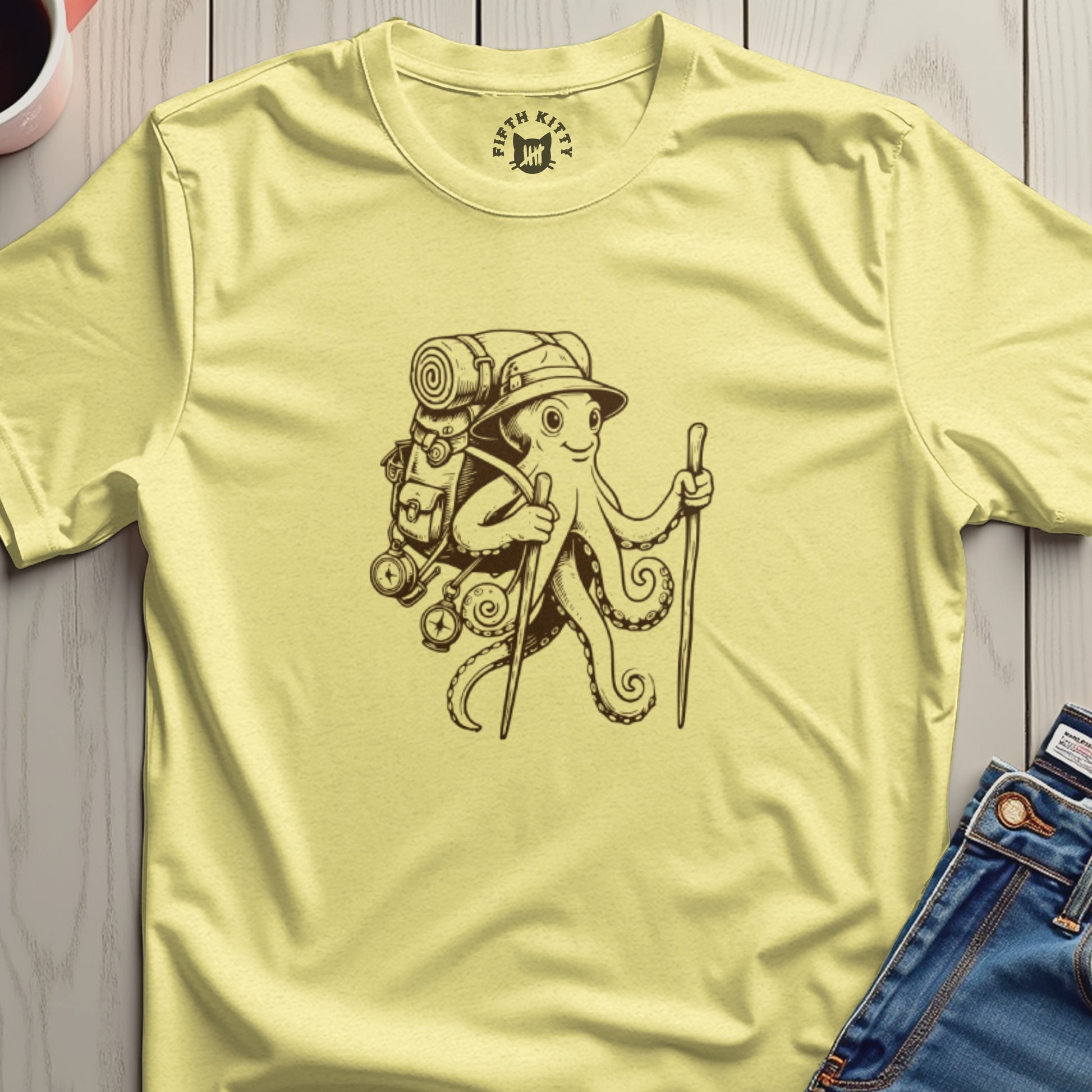 Octopus Cartoon Backpack Graphic Yellow T-shirt