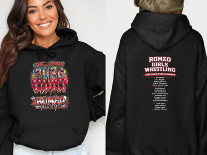 Romeo Girls Wrestling 2026 State Champs hoodie with team photo and names.