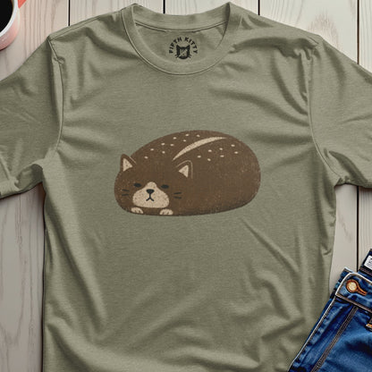 Olive green t-shirt with a brown cartoon cat design and "Fifth Kitty" logo.