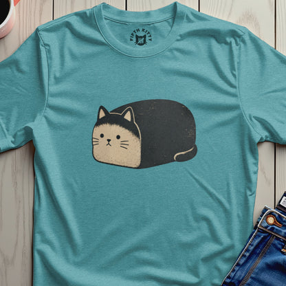 Teal t-shirt with a graphic of a loaf-shaped black and tan cat and "Fifth Kitty" logo.