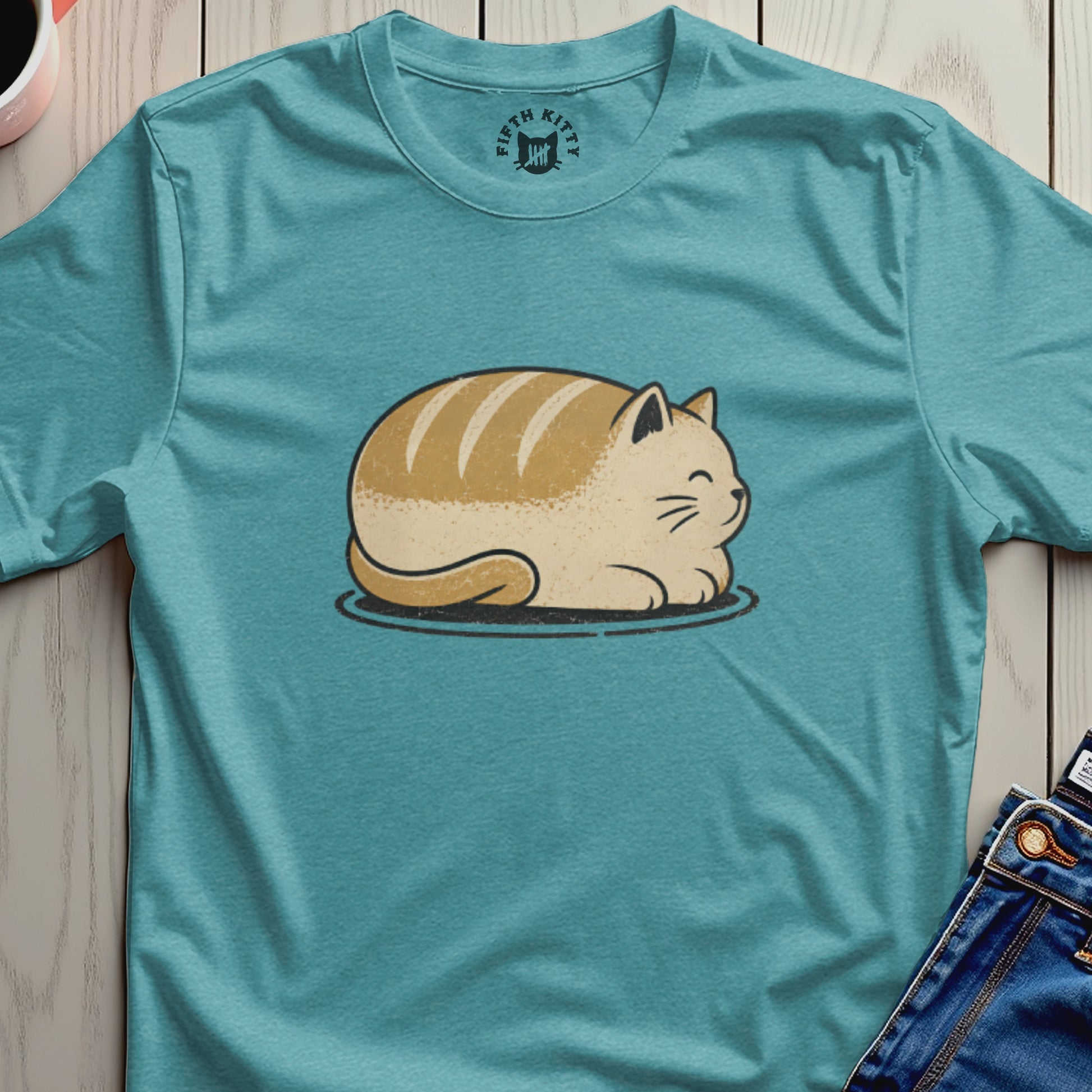 Teal t-shirt with a cartoon loaf cat graphic and "Fifth Kitty" logo.