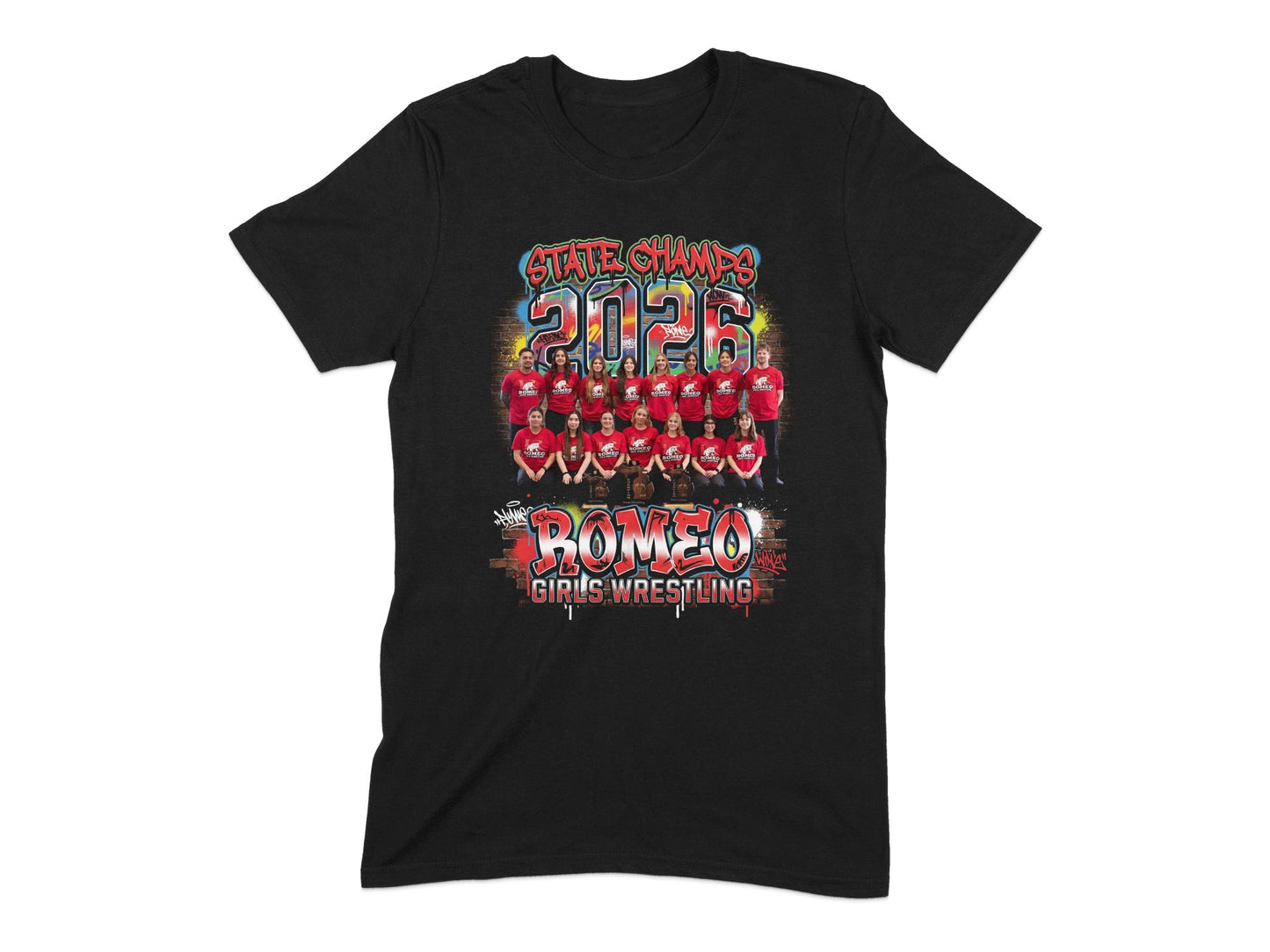 Black t-shirt with "State Champs 2026 Romeo Girls Wrestling" and team photo.