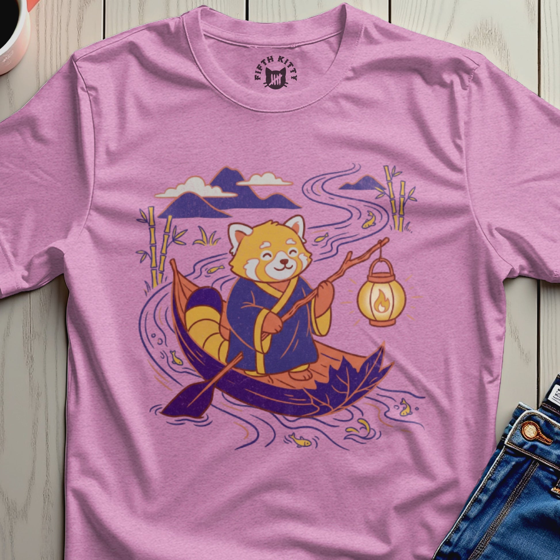Cute Red Panda Canoe Fishing Graphic T-Shirt