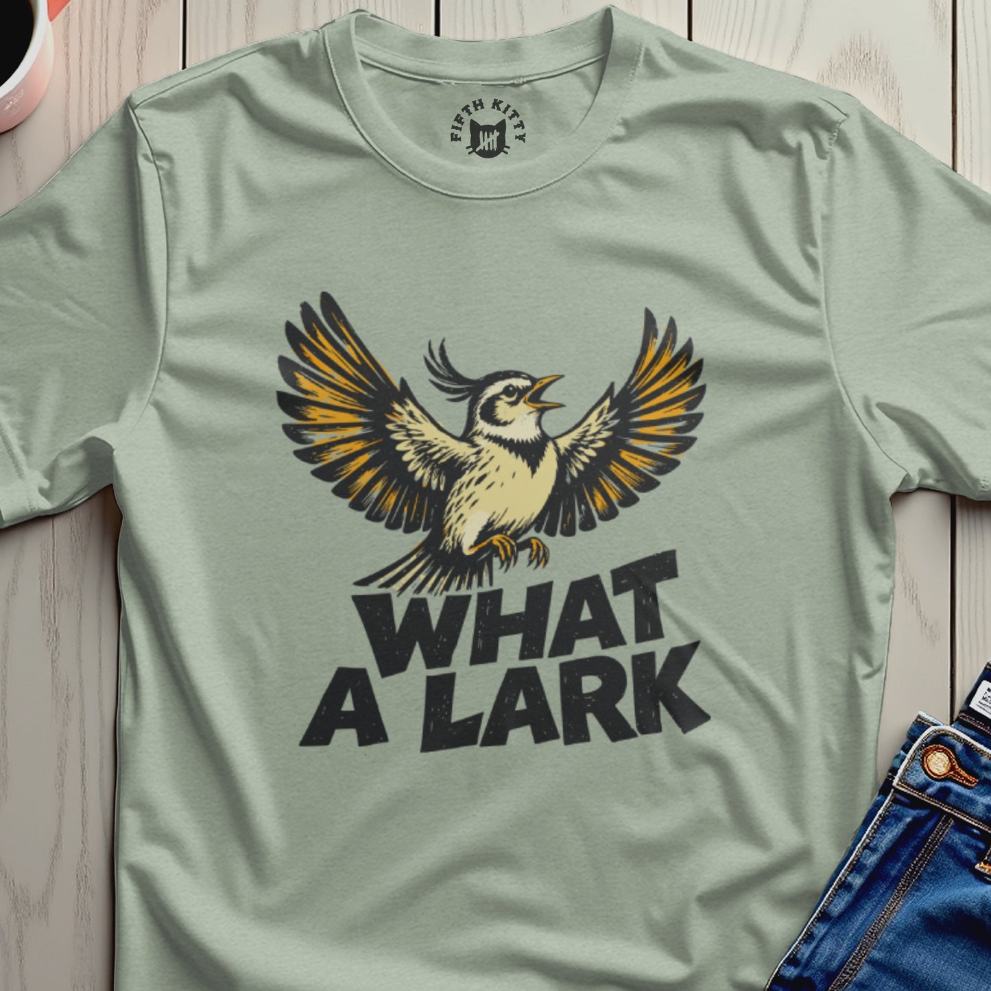 Bird with wings spread open, text "WHAT A LARK" below.
