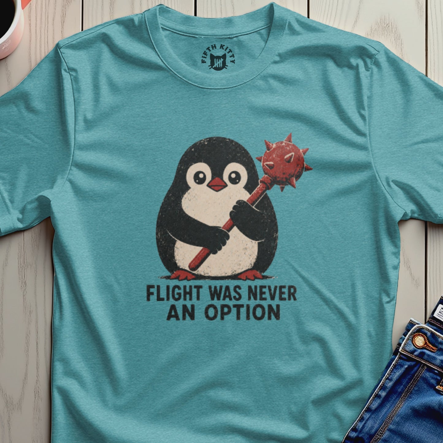 Penguin holding a mace with text "Flight was never an option".