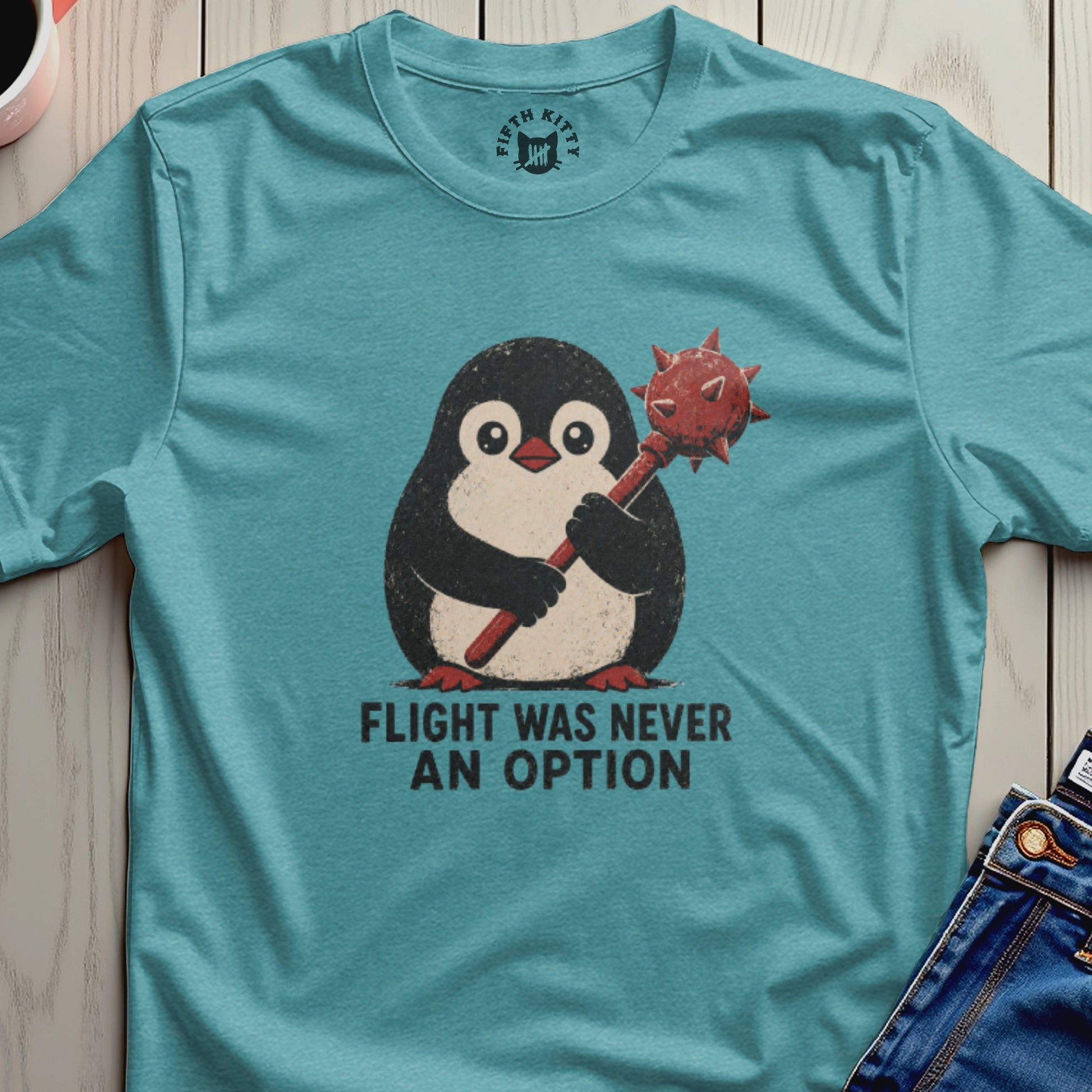 Penguin holding a mace with text "Flight was never an option".
