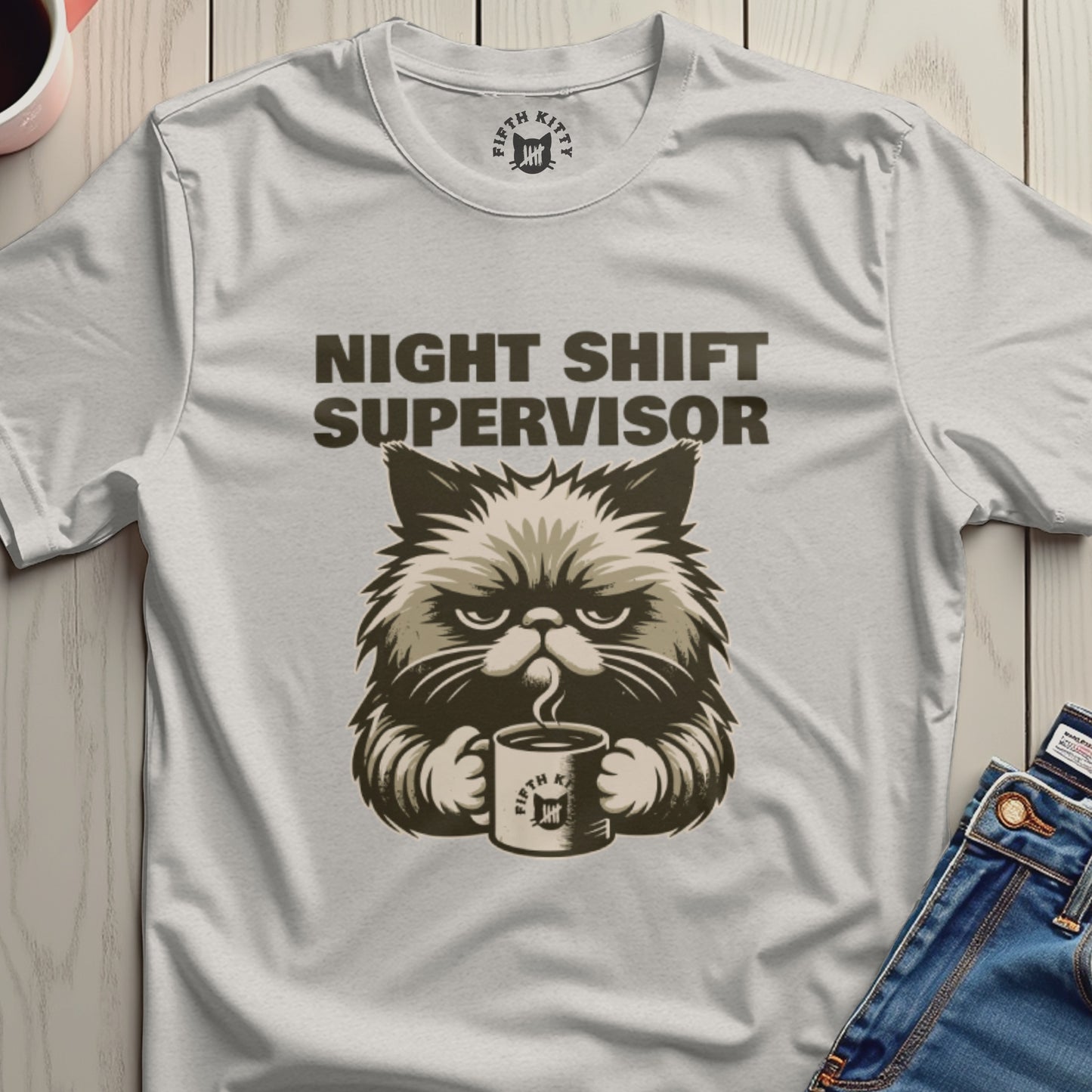 Night Shift Supervisor funny cat graphic t-shirt