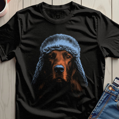 Black T-Shirt with Dog Wearing Winter Hat Design