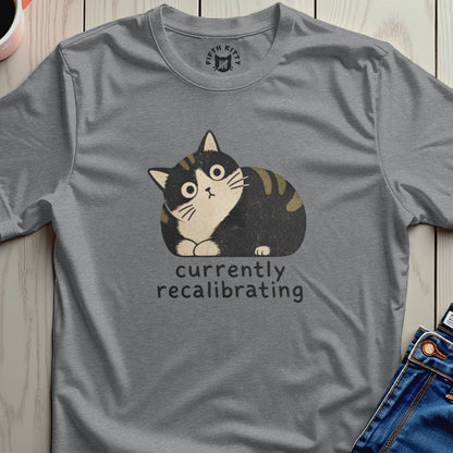 Gray t-shirt with a cartoon cat design that reads "currently recalibrating."