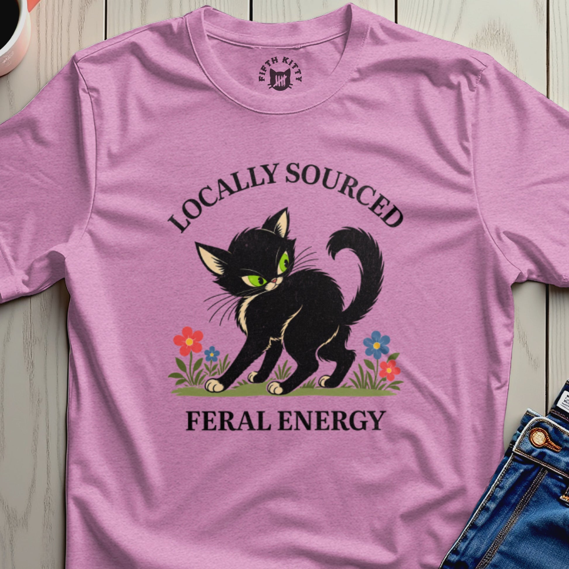 Black cat with "Locally Sourced Feral Energy" text and flowers.