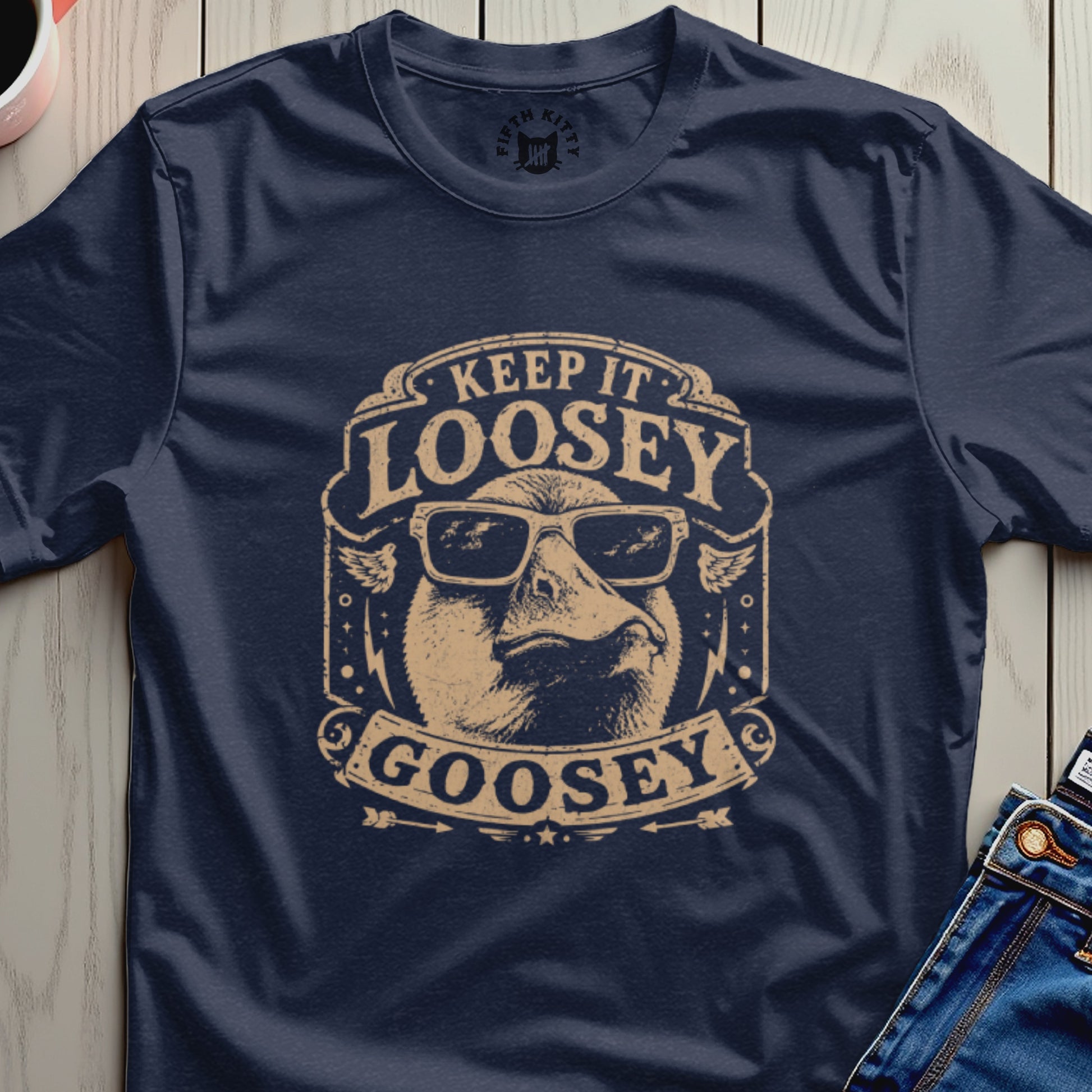 Navy t-shirt with "Keep it Loosely Goosey" text and a goose graphic.