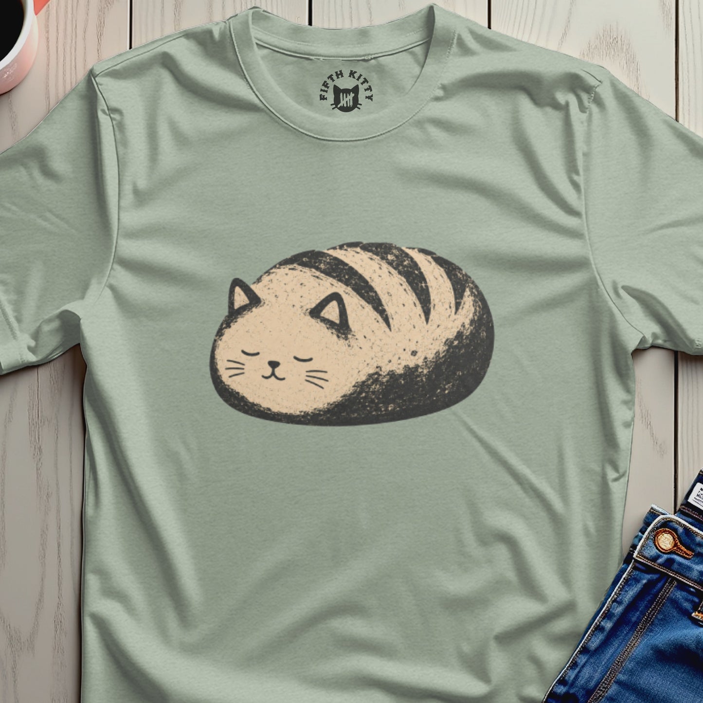 T-shirt with a drawing of a bread-shaped cat with stripes and the "Fifth Kitty" logo.