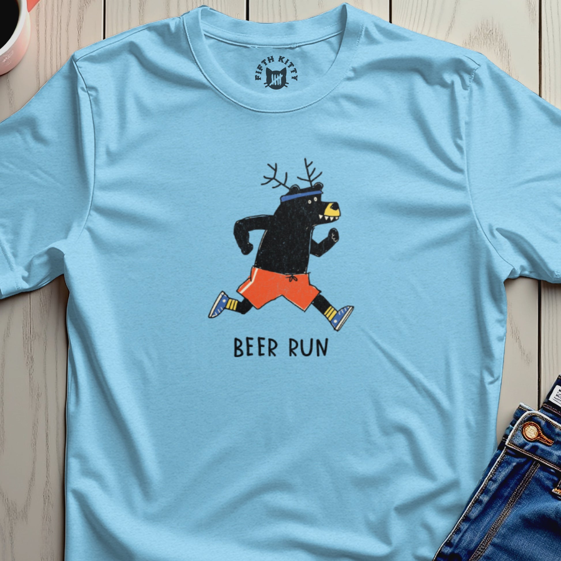 Light blue t-shirt with a running bear graphic and "BEER RUN" text.