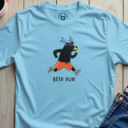 Light blue t-shirt with a running bear graphic and "BEER RUN" text.