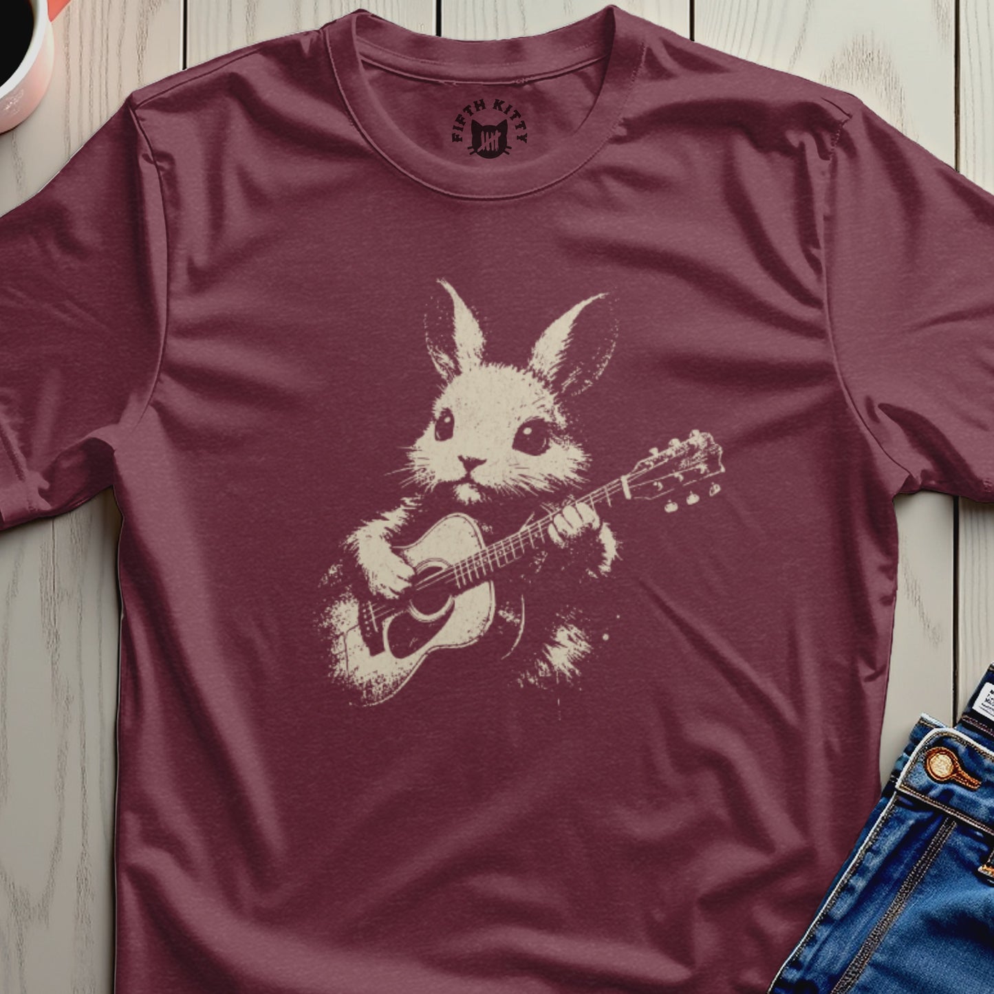 Fifth Kitty Rabbit Playing Guitar Graphic Maroon T-shirt product type