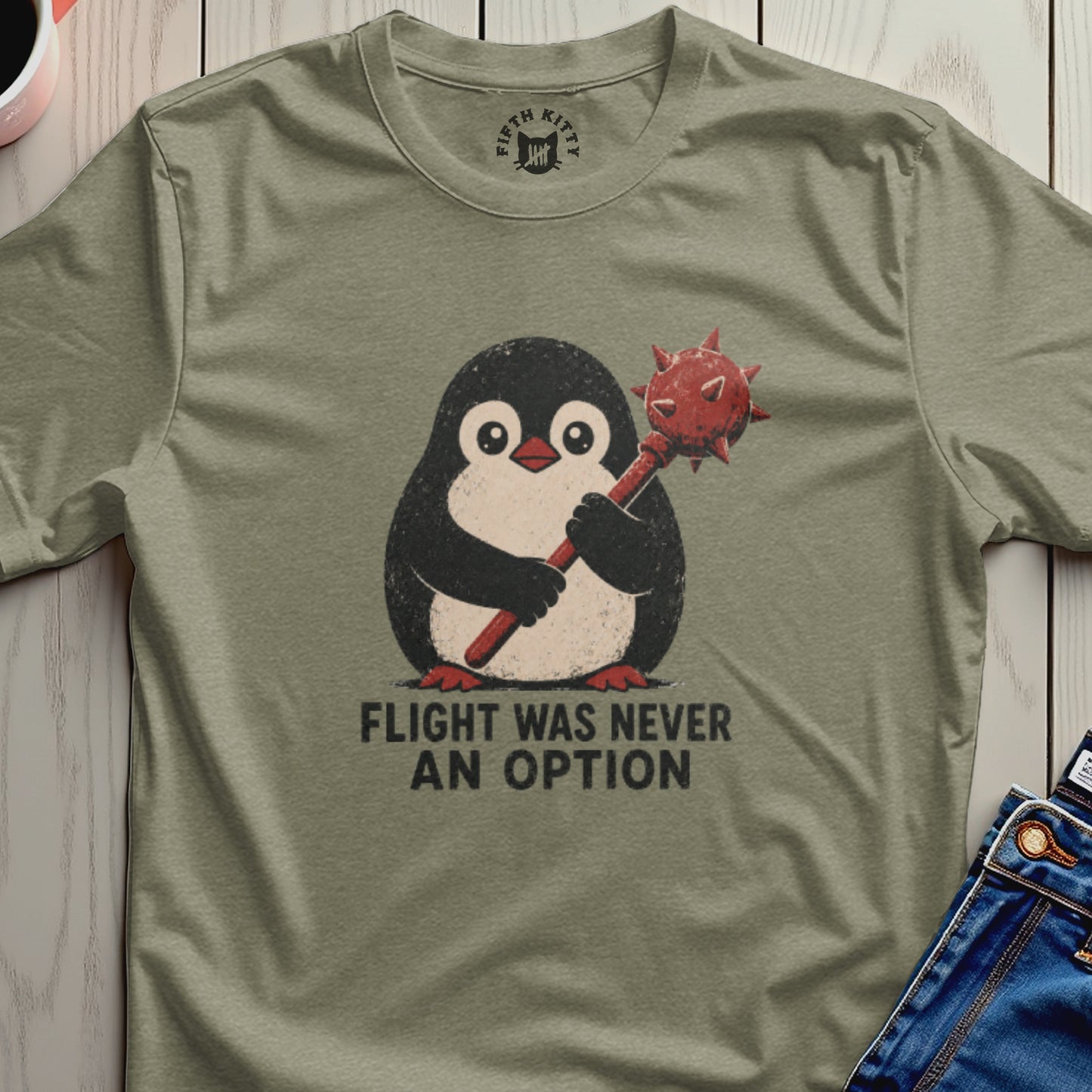 A penguin with a mace holds text: Flight was never an option.