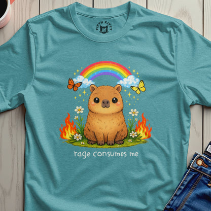Capybara with rainbow, butterflies, and flames; "rage consumes me" text.