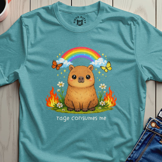 Capybara with rainbow, butterflies, and flames; "rage consumes me" text.