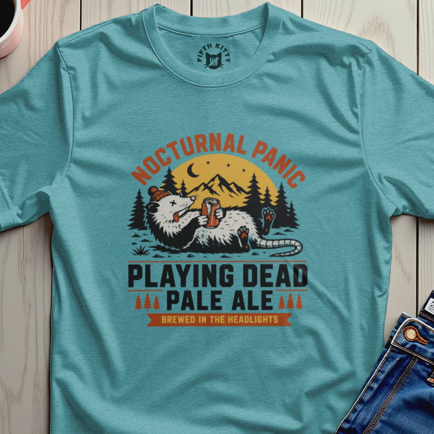 Opossum holding beer can with text "Nocturnal Panic Pale Ale".