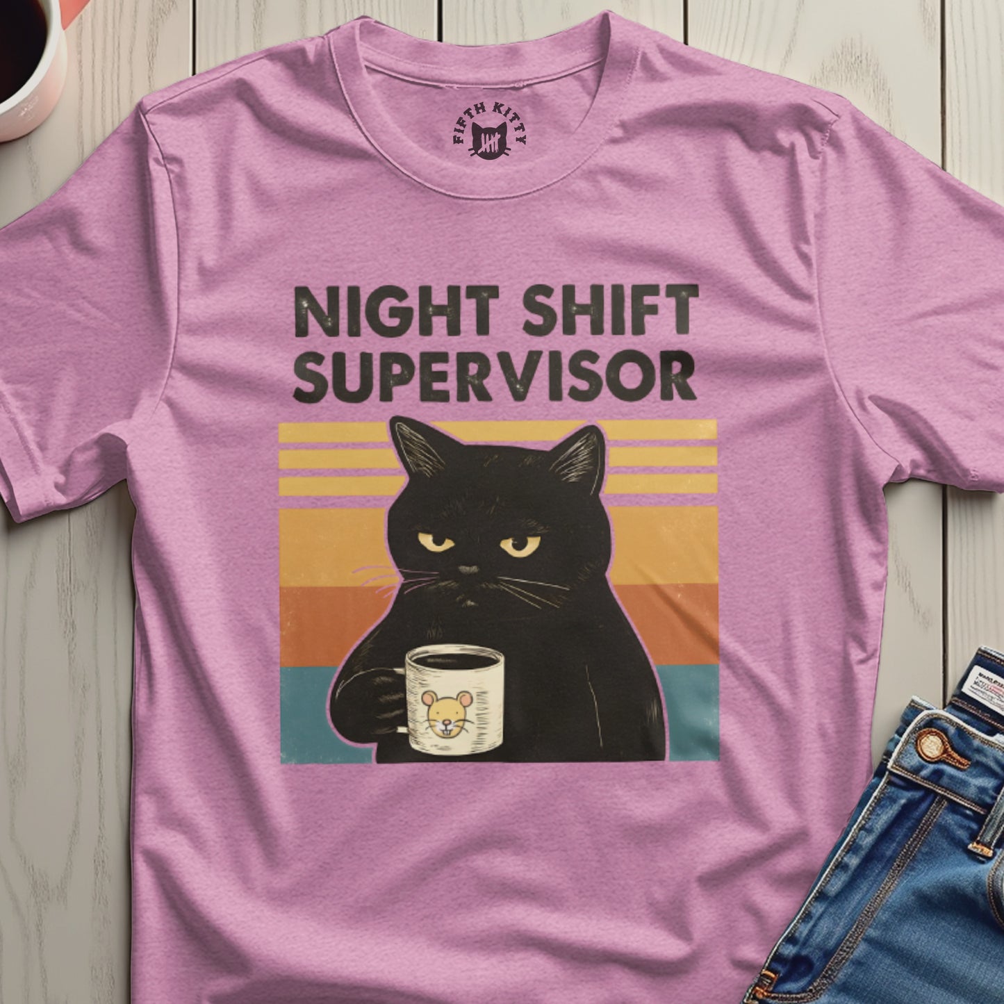 Night Shift Supervisor Cat Graphic T-Shirt